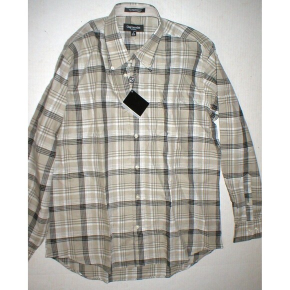 New Mens L NWT Guy Laroche Homme France Designer Shirt Tan Black Linen Plaid - Picture 1 of 5